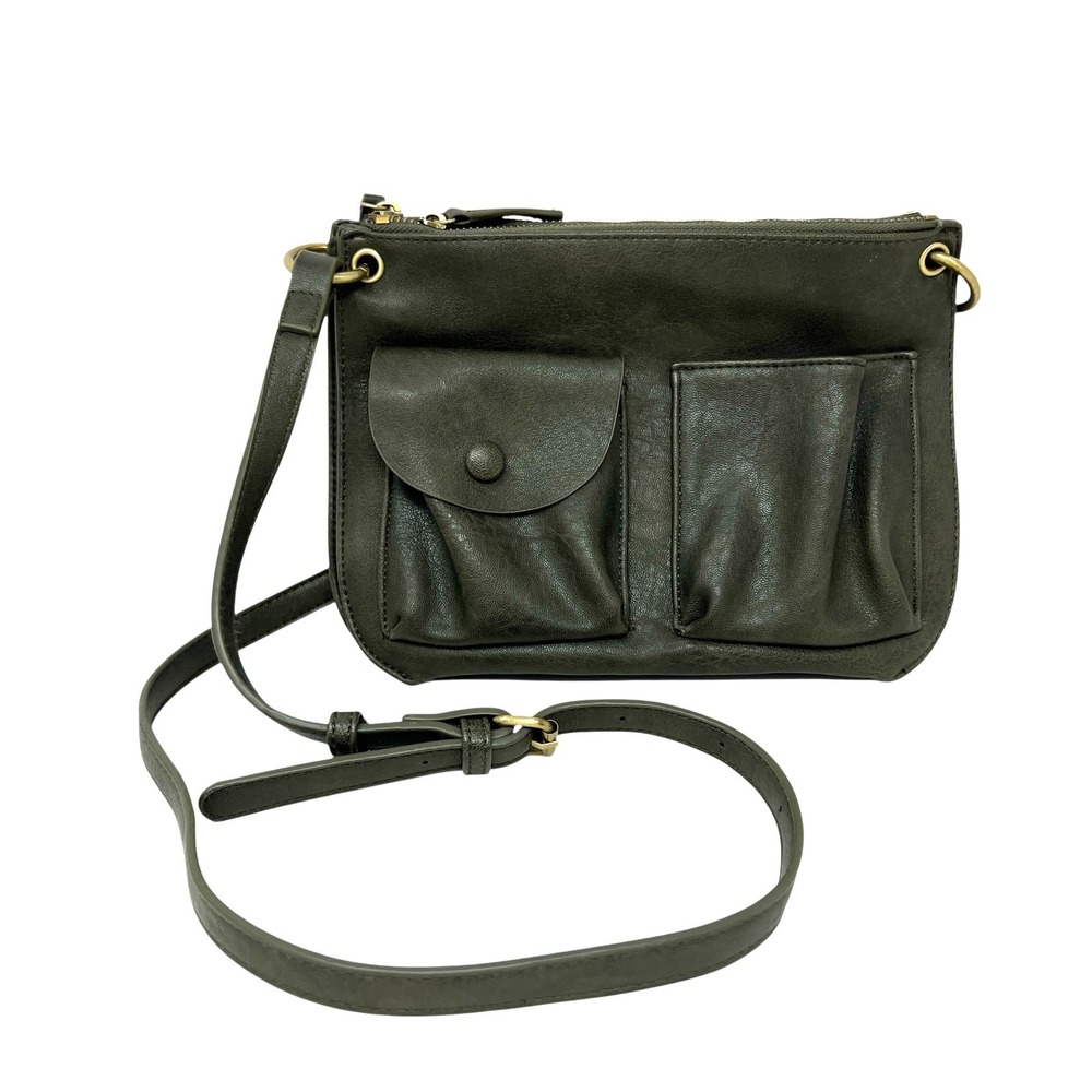 Anthropologie Olive Green Faux Leather Crossbody Bag Pockets Zip Closure